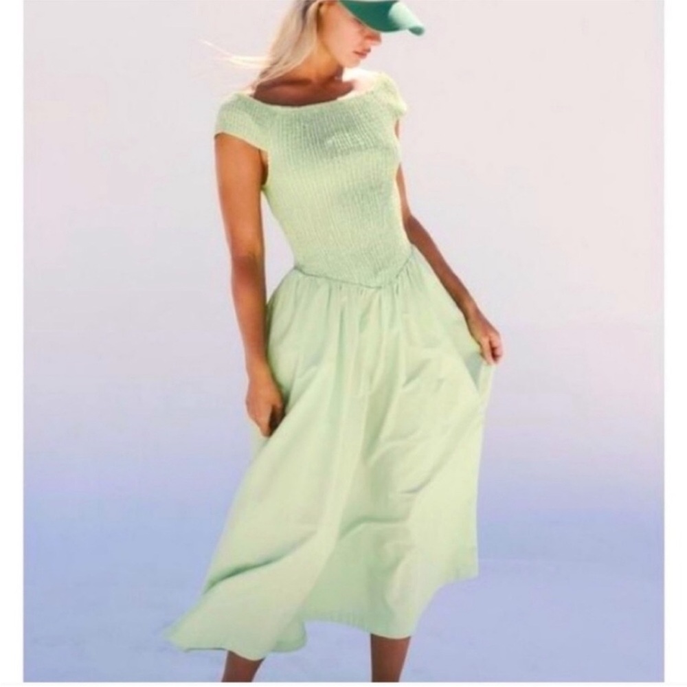 Free People Ceci Smocked Cotton Green Midi Dress